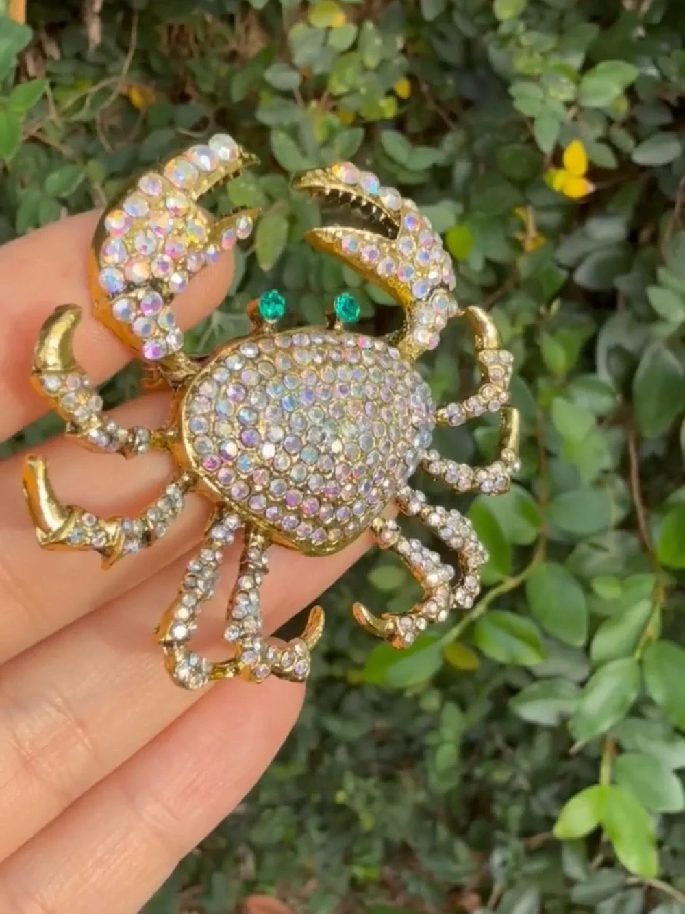 Gold-Tone Crystal Crab Brooch - Iridescent Blue Accent